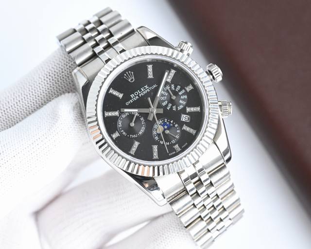 白 -金 经典日志系列-多功能腕表 防表届最高版本劳力士 复杂系列六针男表 爆款 多功能腕表 1搭载原装进口9100星期月份月相动能功能机芯机械表 2表盘上采用