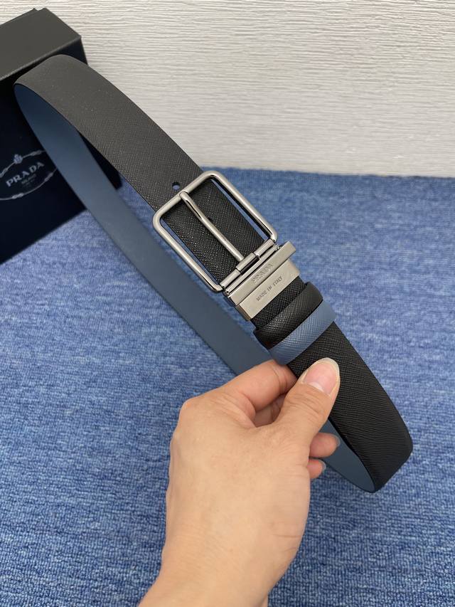 prada Men's Casual Double-Sided Belt Width 3.4Cm Made Of Smooth Double-Sided