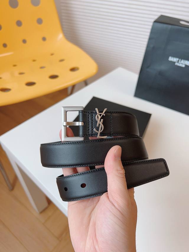 ysl Flat Top Calf Leather Soft Belt 3.0Cm Square Pin Copper Buckle Cassandre