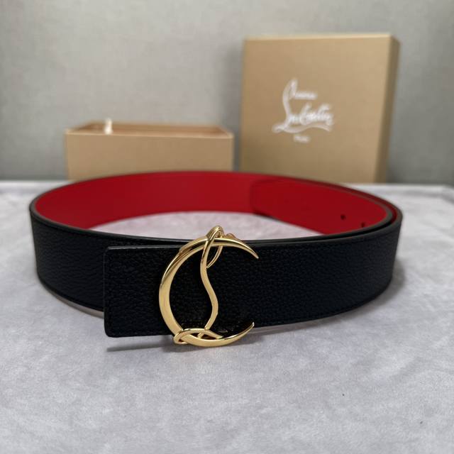 With Box 3.8 Width Christian Louboutin Men's Ricky Iconic Logo Buckle Black Belt