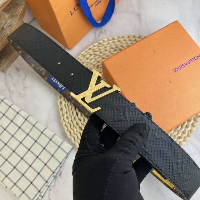 lv Men's Belt 38Mm Double-Sided Imported Leather Can Be Used On Both Sides Co