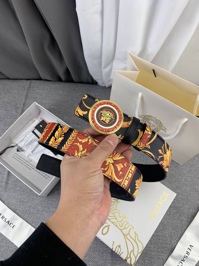 Versace Width 4.0Cm Original Boutique 3D Medusa Belt Buckle - Barocco Print - Ma