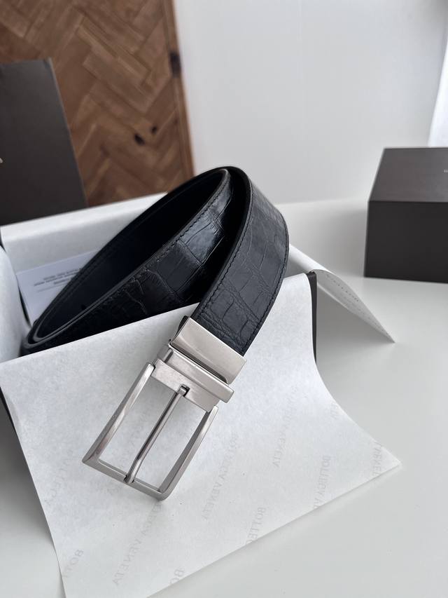 Special Bv Latest Men's Flat Belt Double-Sided Italian Calfskin Crocodile Patter