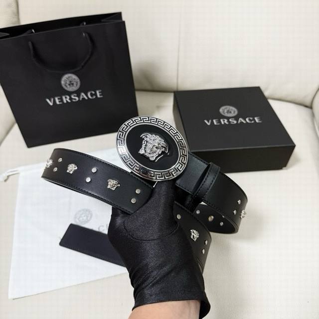 Versace Width 4.0Cm New Smooth Belt With Round Rivets And Medusa Decoration With