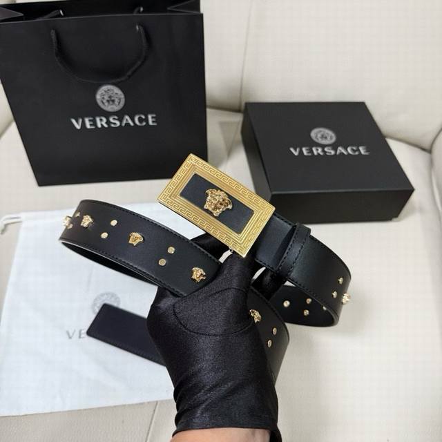 Versace Width 4.0Cm New Smooth Belt With Round Rivets And Medusa Decoration With