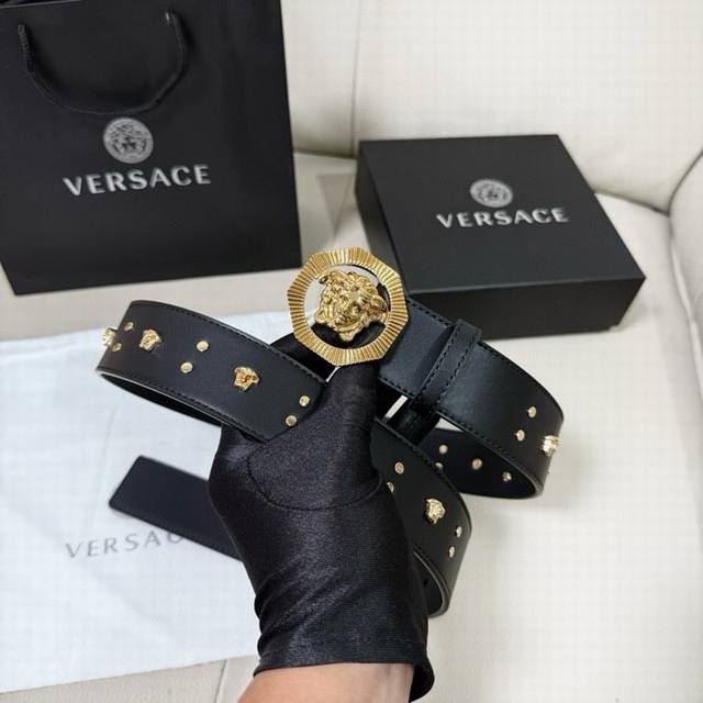 Versace Width 4.0Cm New Smooth Belt With Round Rivets And Medusa Decoration With