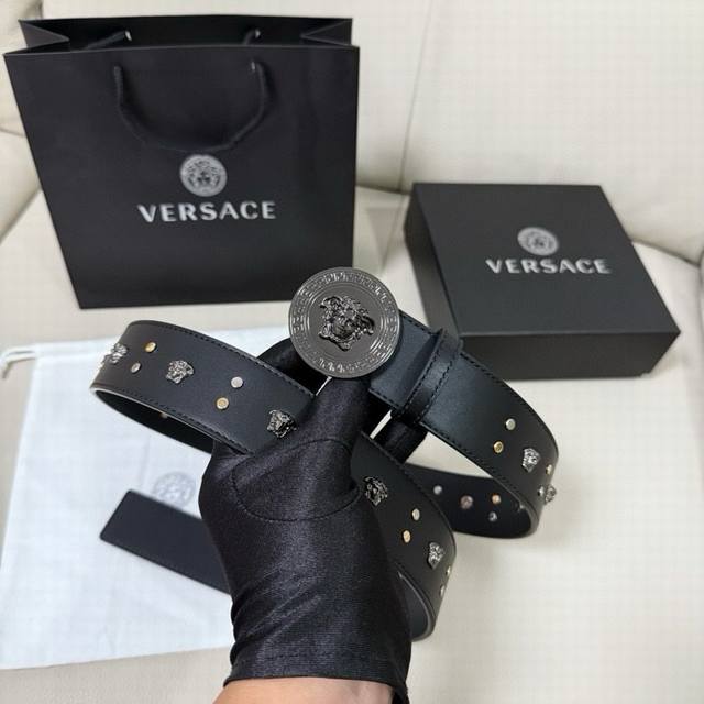 Versace Width 4.0Cm New Smooth Belt With Round Rivets And Medusa Decoration With