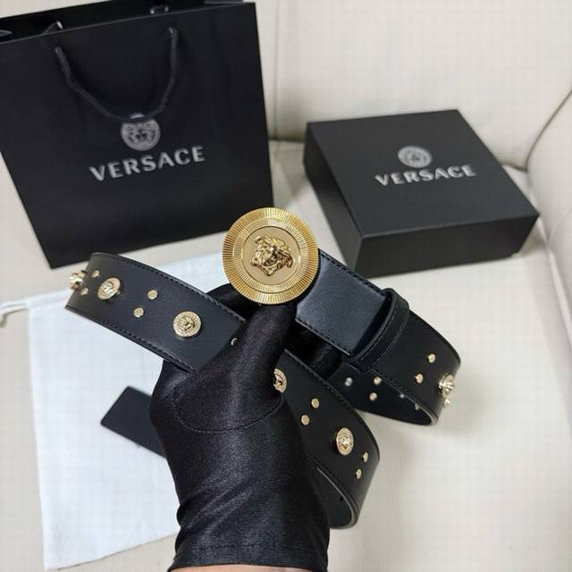 Versace Width 4.0Cm New Smooth Belt With Round Rivets And Medusa Decoration With