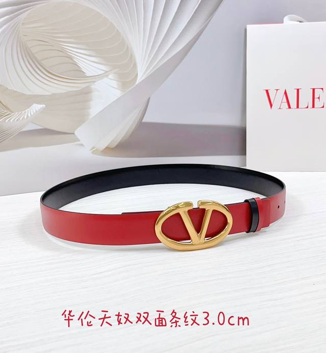 3.0Cm Valentino Double-Sided Striped Belt Double-Sided Top Layer Cowhide Leat
