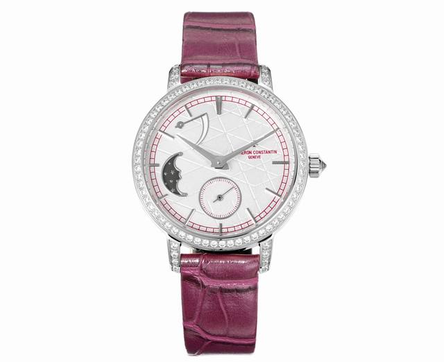 钻款，白 -金2150 江诗丹顿传袭系列月相腕表搭配直径36毫米 圆形白金表壳，表圈、表耳和表冠镶嵌了总重约1.2克拉的81颗美钻 白色珍珠贝母表盘之上配备了高