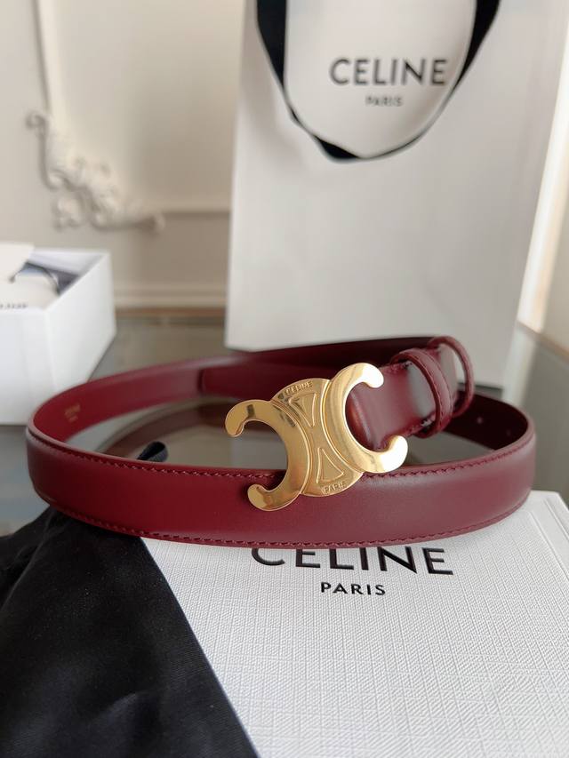 Celine women's belt, calfskin texture with unique Arc de Triomphe buckle, wine r