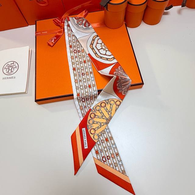 Hermes "Kaleidoscope Effect" Twilly small silk scarf. Twilly silk ribbon 100% mu