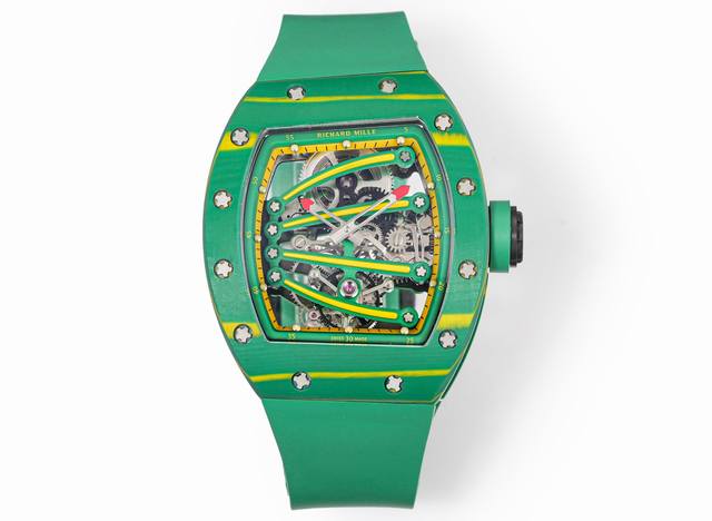 理查德米勒Rm59-01陀飞轮 绿蜥蜴 充满独特的标记，以傲人之姿屹立在品牌腕表之间，打造专为运动竞技设计的腕表 1腕表的表壳,是对Richard Mille钟