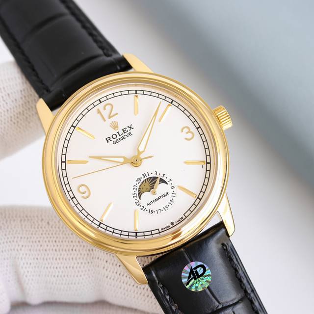 白 -金 台湾厂最新力作，市场最高版本最新推荐款，劳力士切利尼月相系列.男士腕表简单不失大气 搭载精准瑞士Eta2824-2机芯 6字位真日历与24小时日月星辰