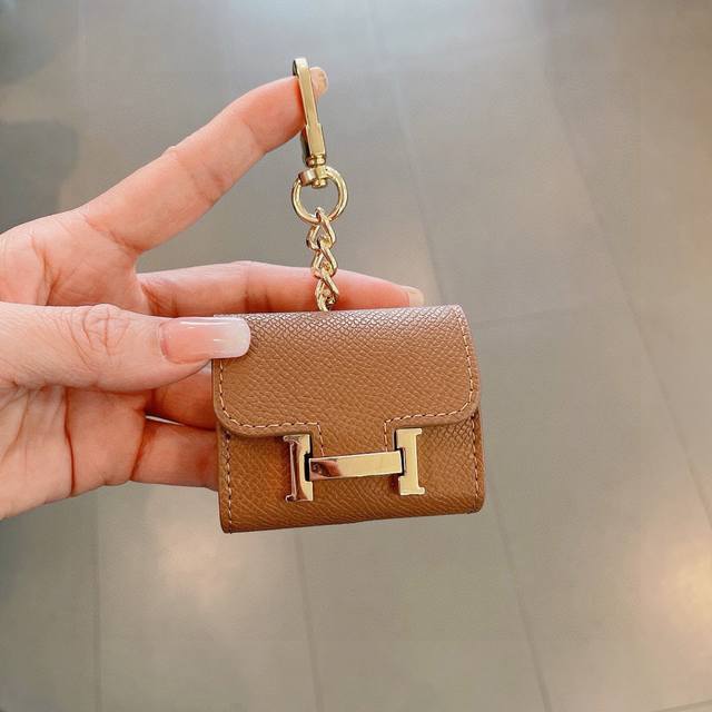 Hermes official website 1:1 earphone bag Palm pattern leather metal logo Fashio