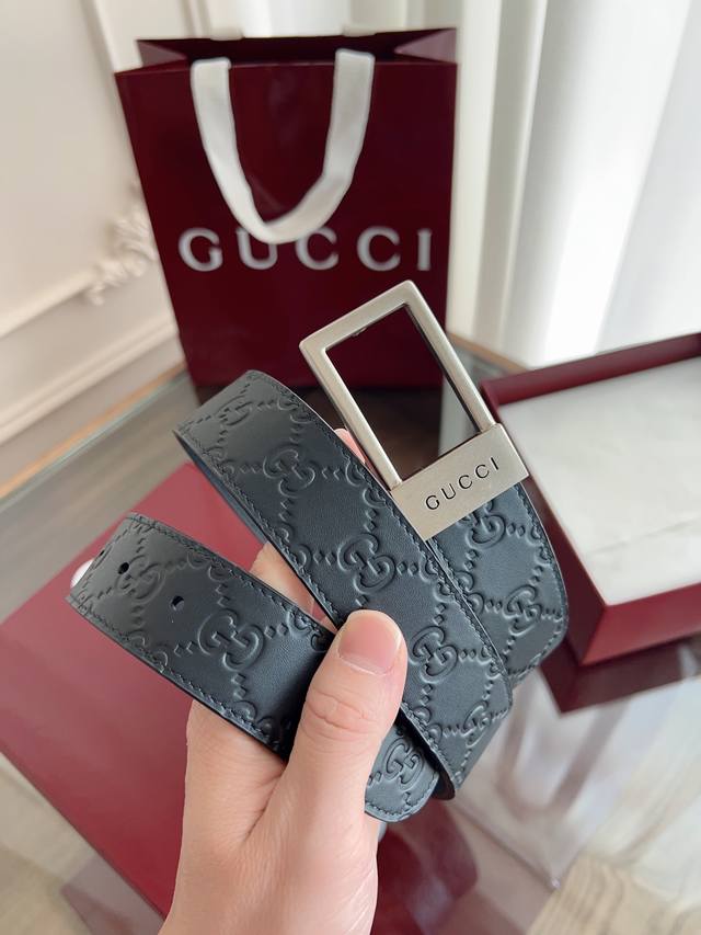Beautiful Gucci square buckle men's new belt counter synchronization width 3.5