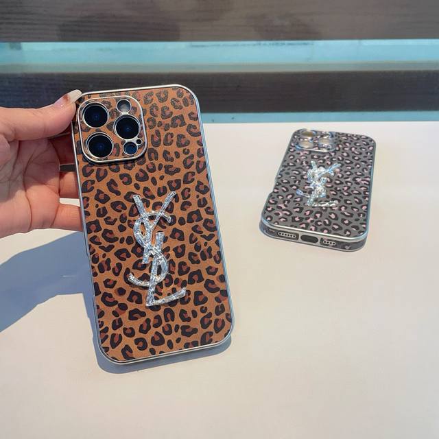 New Ysl Saint Laurent leopard print electroplated leather mobile phone case ful