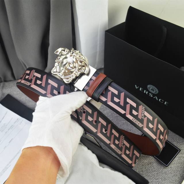 Versace, width 4.0Cm, original boutique, 3D Medusa belt buckle - Barocco print