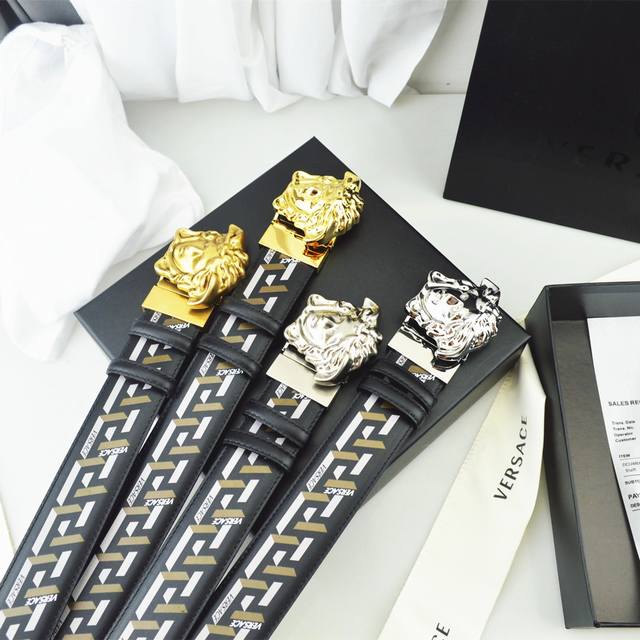 Versace, width 4.0Cm, original boutique, 3D Medusa belt buckle - Barocco print -