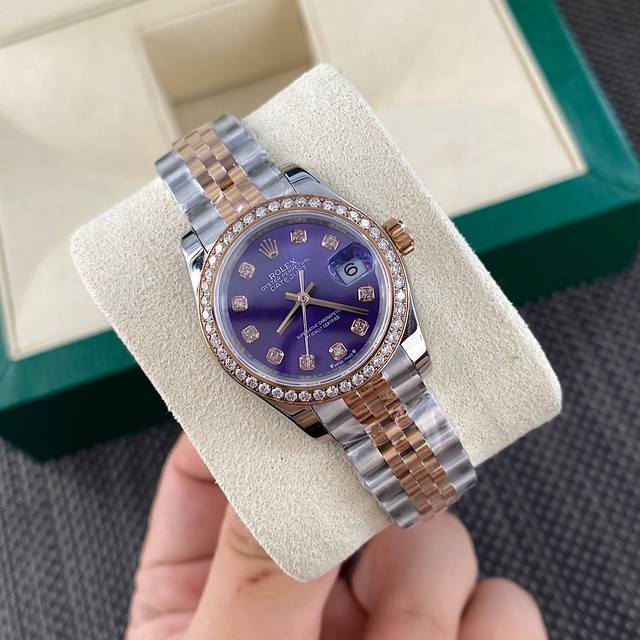 真钻款 劳力士Rolex女款蚝式日志型腕表！紫色最新配色钻字面表壳直28毫米。紫色葡萄表圈镶嵌58颗天然真钻时标，配国检Gtc检测证书一表一遍码可扫可查，手表机