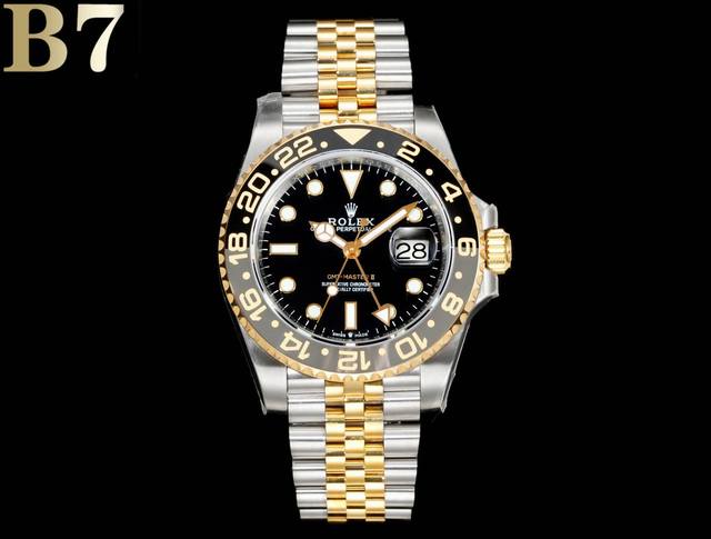 B7 Factory 劳力士Gmt格林尼治升级版。采用一致904L钢材，一体成形的陶瓷白金字体圈口与一致。全新3285一体机芯。同步Gmt针通过正反调时间及日历