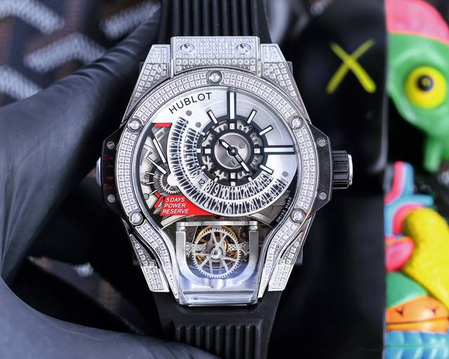 恒 宝 Hublot 魔兽Mp系列909.Nx. .Rx.1704 抛光金属壳套 人工镶嵌207颗锆石 阳极化处理红色铝质下部结构附6颗H形金属螺丝 搭载原装进