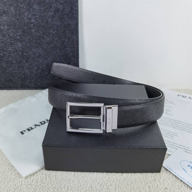 Prada Width: 3.5cm, Color: Black Cross Grain Leather, Classic Business Casual Hi