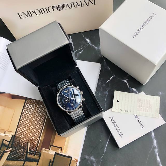 原单 阿玛尼Armani 型号11238。表壳：316L精钢表镜：强化矿物质玻璃，尺寸43Mm*11Mm，316精钢表带表壳！多维度计时功能表盘，时尚的立体质感