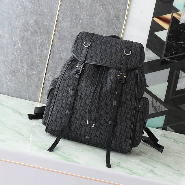 Dior Hit The Road Flap Backpack in Black Oblique Print Fabric and Black Grained