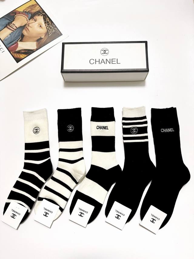 comes with packaging 5 pairs per box Chanel classic letter embroidered logo pur