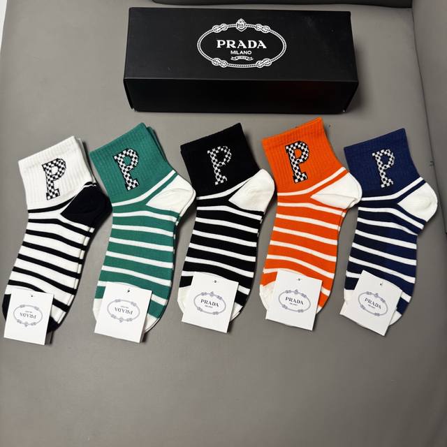 Special Prada new mid-calf socks, 5 pairs per box, made of pure cotton, jacquar