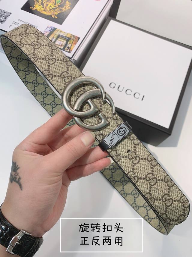 Belt: Gucci. Gucci double-sided belt: 100% top-grain cowhide, rotatable hardware