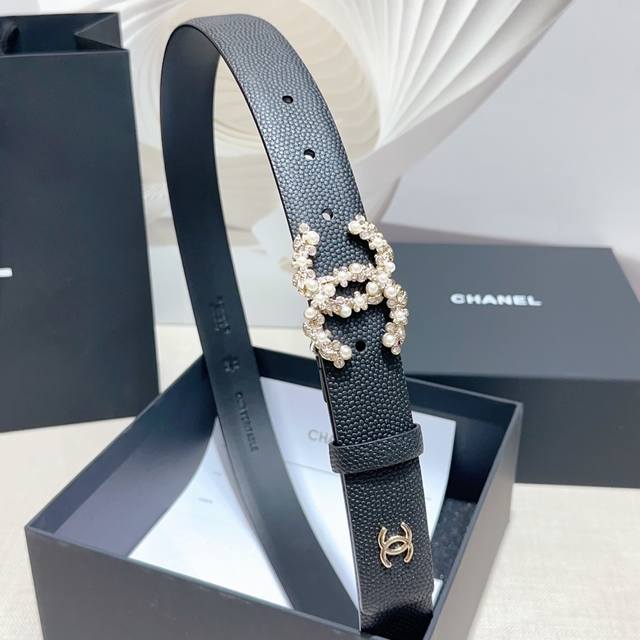 -3.0cm Chanel belt, double-sided top-grain cowhide with pearl pattern, length: 7