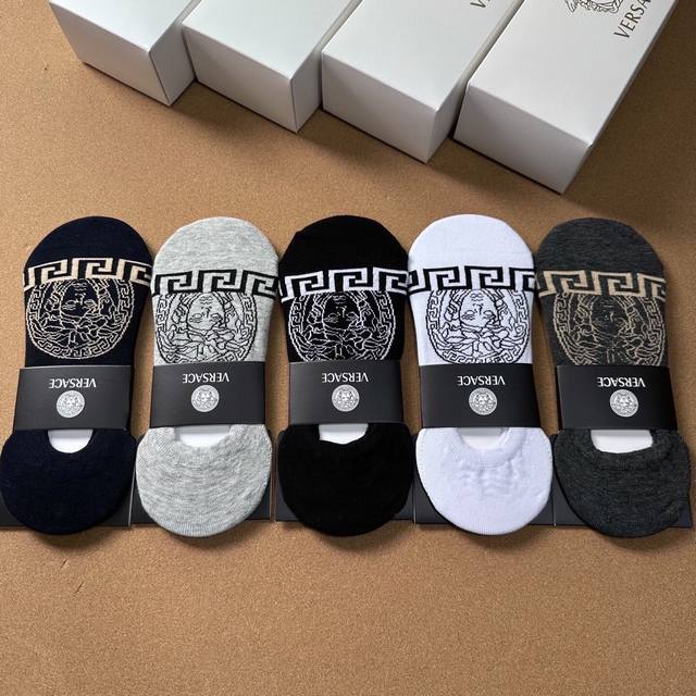 Special Versace new men's invisible boat socks, one box of five pairs of pure co