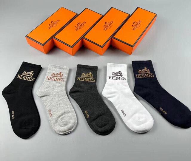 Special Hermes Big H new men's spring and summer socks, one box of five pairs o