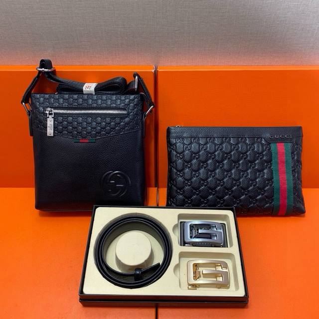 Gucci top-grain leather belt and bag combination gift box package. The briefcase