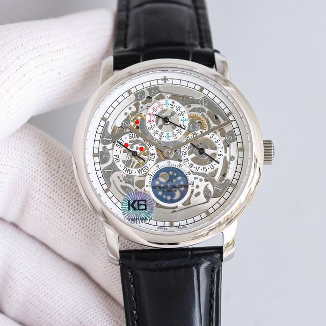 传承系列万年历腕表。型号：43 00R-9687。这款41毫米直径表款体现江诗丹顿的超卓制表复杂功能传统，其中超薄表款更是个中典范。1：搭载与一致Cal.112