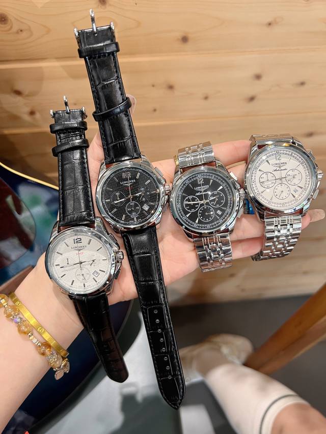 Longines -浪琴。商务休闲男士计时腕表。进口计时石英-6针跑秒。实心钢带。矿物质强化玻璃镜面。直径42Mm 厚12Mm 。生活防水。商务休闲 卓越品质