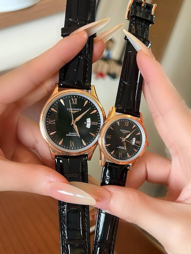 白 金 浪琴-Longines精品情侣对表携手而来，简约精致，品质精湛，热卖全城。采用进口石英机芯，顶级316精钢表壳，进口小牛皮表带，矿物质超强镜面，男款尺寸
