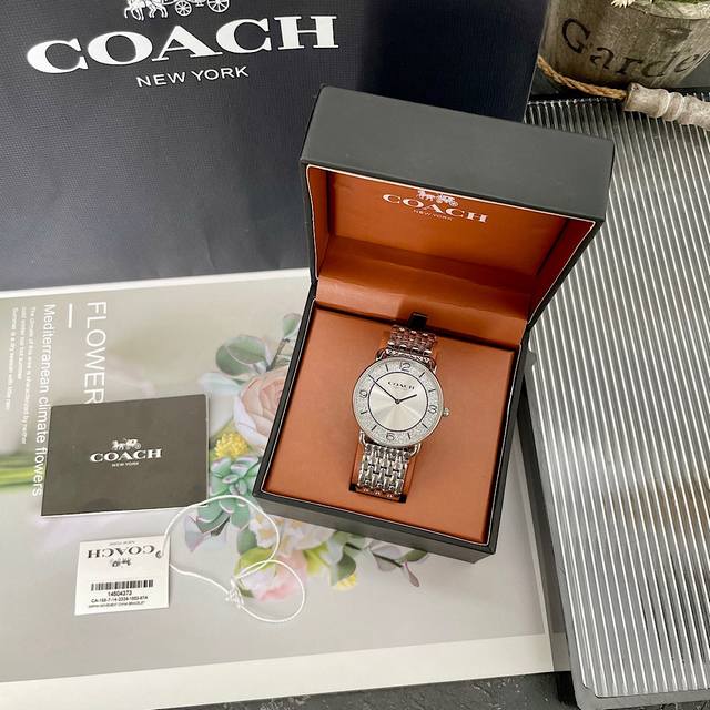 Coach 蔻驰满天星Elliot系列石英钢带日晖纹表盘手表女表，璀璨沙砾盘，质感钢表带，型号：14504373.尺寸:36Mm，带按钮蝴蝶扣，带装柜全套包装！
