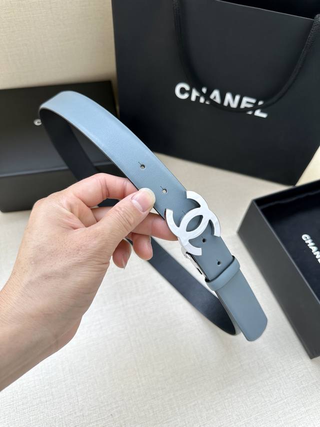 3.0cm width Chanel rotating double C calfskin belt in silver gunmetal and gold m