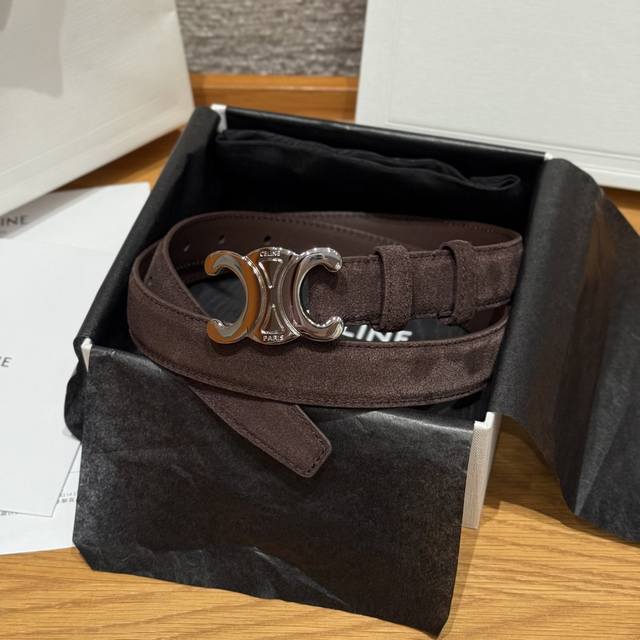 Celine Triomphe Medium Belt. This belt is made of suede cowhide leather with a s