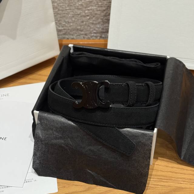 Celine Triomphe Medium Belt. This belt is made of suede cowhide leather with a s