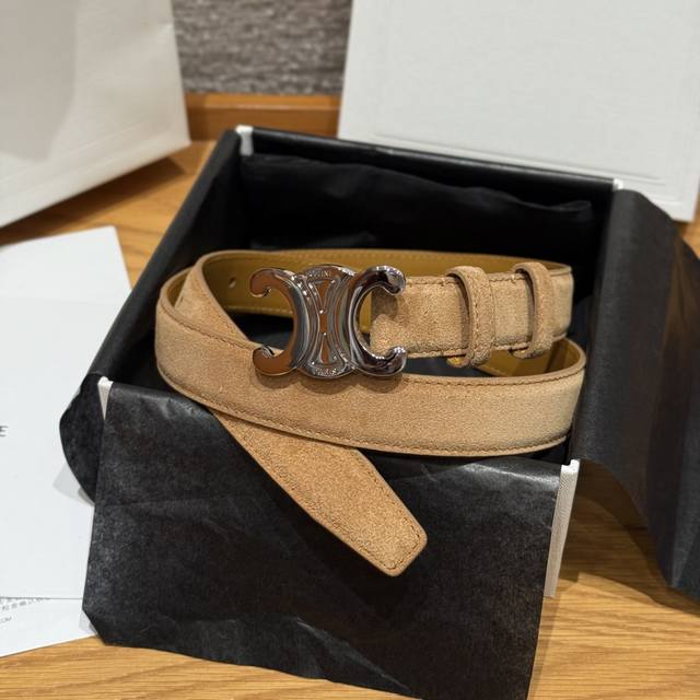 Celine Triomphe Medium Belt. This belt is made of suede cowhide leather with a s