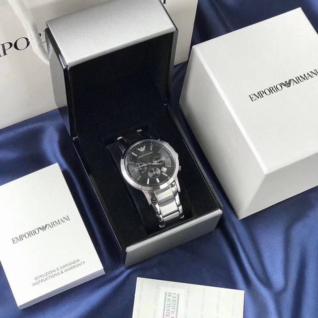 品牌阿玛尼Armani 型号：Ar2458白面Ar2448蓝面 Ar2434黑面 进口石英机芯'矿物强化玻璃镜面'不锈精钢表带隐形双锁扣'三眼计时日期窗口'巴塞