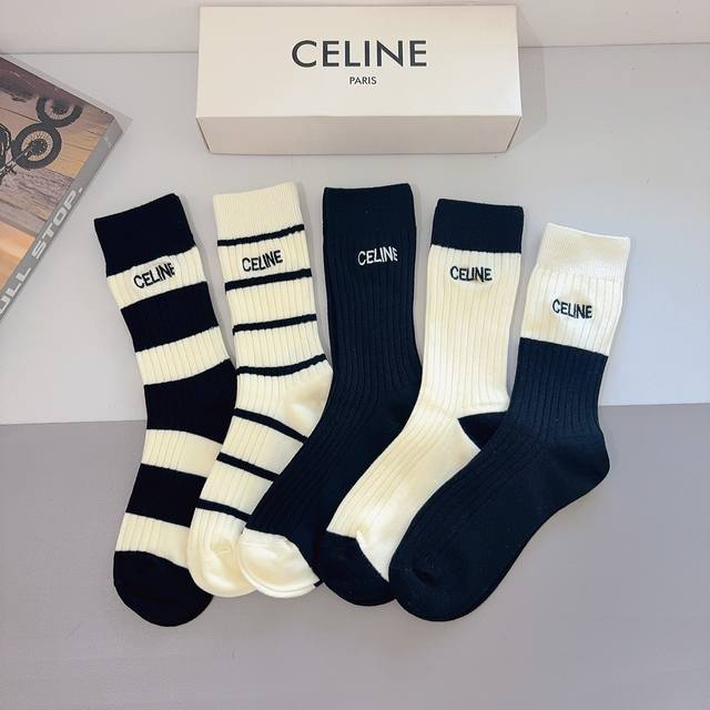 5 pairs per box with packaging Celine high-fit double-needle embroidered knee-h