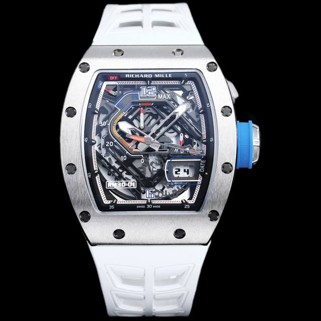 Richard Mille 理查米尔 Rm30-01系列 全自动机械机芯 40X50X16Mm 蓝光镜面 独特镂空表盘 夜光表盘指针 橡胶或尼龙表带 折叠扣 循
