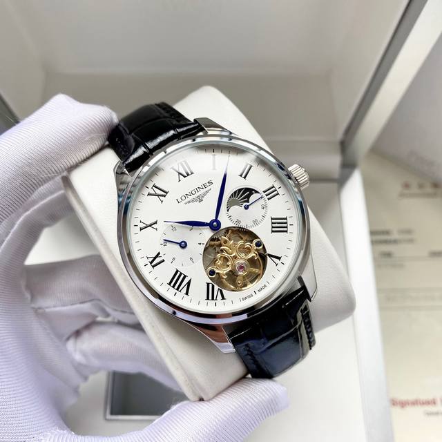 时尚风格 优雅气质 浪琴-Longines 男士腕表 全自动机械机芯 矿物强化玻璃 316L精钢表壳 真皮表带 简约设计 商务休闲 尺寸:直径42Mm 厚度12