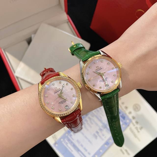 光 钻 欧米茄-Omega 海马系列－女士机械腕表 进口西铁城 8215机 316L精钢壳套 蓝宝石玻璃镜面 直径33Mm 厚度11Mm 真牛皮表带 原版针扣