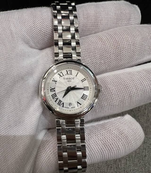 Tissot天梭 小美人系列 石英机芯 罗马刻度 日期显示 女表 瑞表 26Mm 银色表盘 精钢表壳 精钢表带